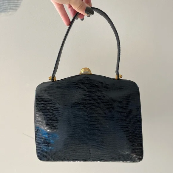 Elegant Vintage Black Eelskin Kisslock Leather Handbag - Picture 2 of 11